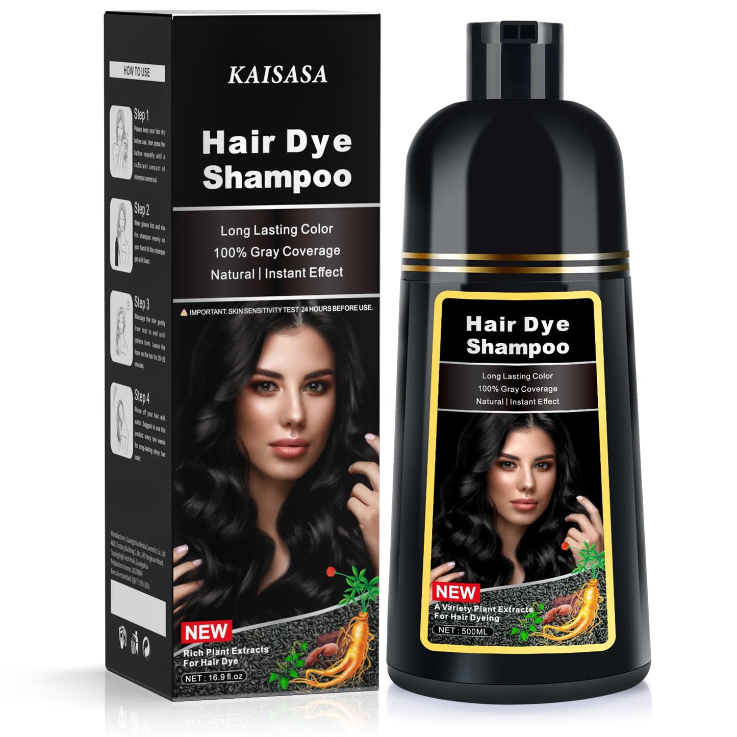 Black Hair Dye Shampoo for Women and Men - Gray Hair Coverage, Permanent Color Treatment With Natural Herbal Ingredients - 16.9 FL OZ