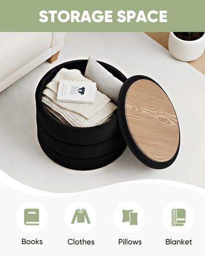 Bonlife Large Storage Ottoman Round - Folding Foot Rest with Hidden Storage, Black Velvet 58x58x44cm for Living Room, Bedroom & Hallway