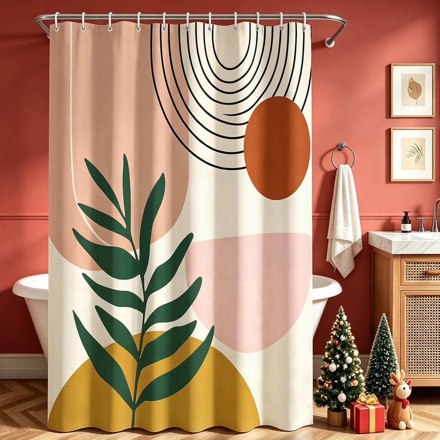 Lerores Shower Curtain, 220 x 200 cm, Leaf Print, Weighted Hem, Anti-Mould Textile, Water-Repellent