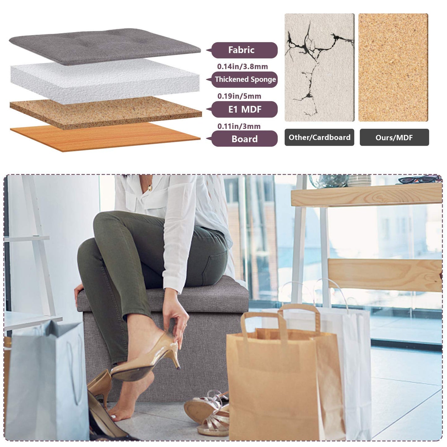 BRIAN & DANY Folding Ottoman Storage Box with Wood Legs, Linen Foot Stool, Footstool with Storage, Highly Elastic Sponge Filling, Brown, 38 x 38 x 38