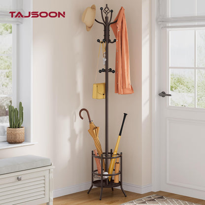 Tajsoon Coat Rack with Umbrella Stand, Coat Tree With 16 Hooks, Brown