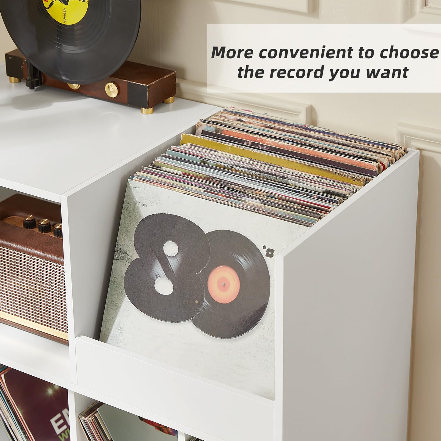 LELELINKY Large Vinyl Record Stand with 4 Shelves, Retro Style Turntable Stand for Up to 300 Albums, Record Player Stand with Shelf and Open Display