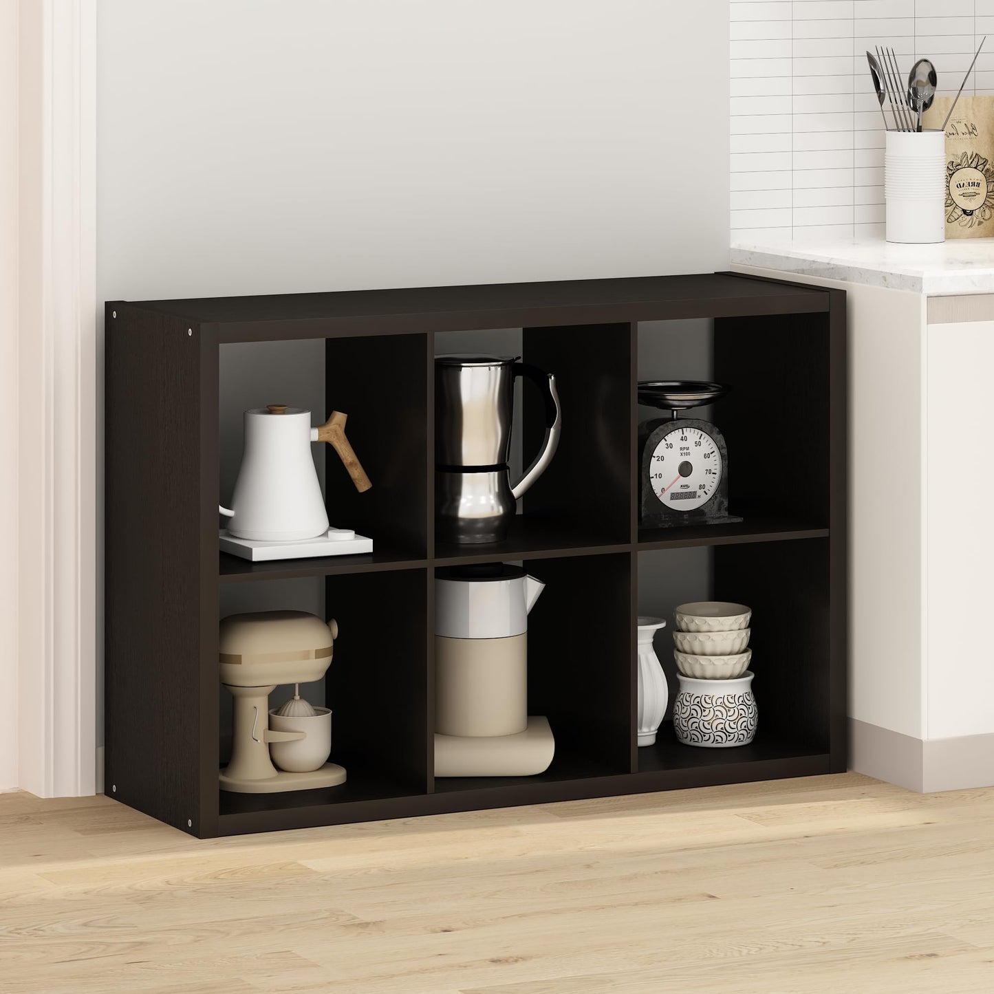 Furinno HERMITE Kitchen Island, 6-Cube Coffee Bar, Kitchen Storage, Bakers Rack, for Pantry Organizers and Storage, Kitchen Organization, Black Oak