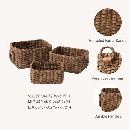 La Jolíe Muse Woven Storage Baskets, Recycled Paper Rope Bin Organizer Divider for Cupboards Drawer Closet Shelf Dresser, Set of 3 (Chocolate)