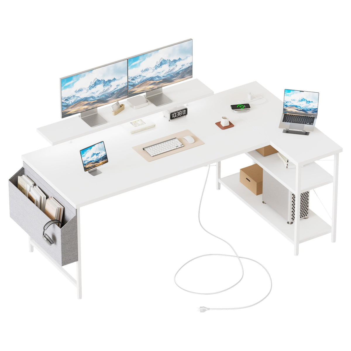 Mericonia Corner Desk, w. Monitorstand & Built-in Socket, 140x70cm, White