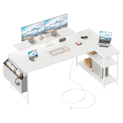 Mericonia Corner Desk, w. Monitorstand & Built-in Socket, 140x70cm, White