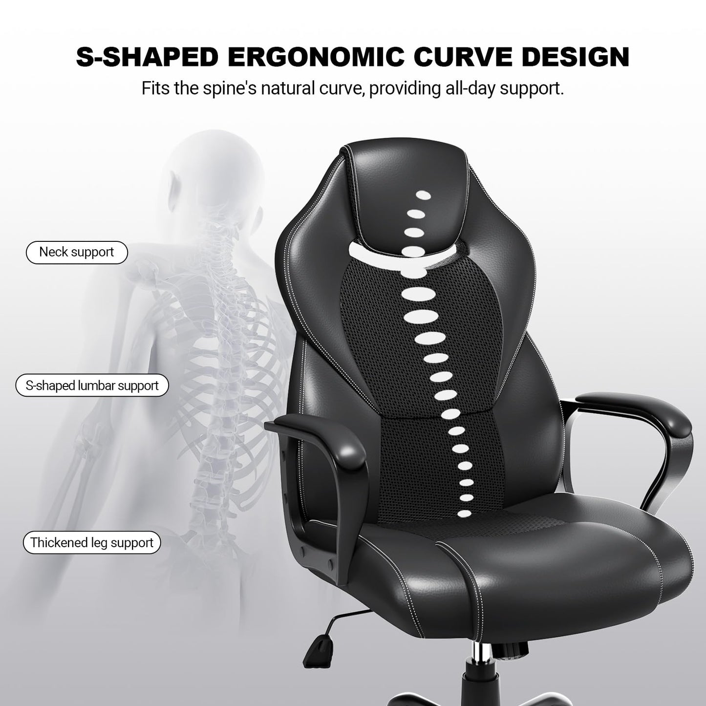 BASETBL Office Chair for Home Office, Ergonomic Computer Chair Executive Chair Swivel Gaming Lumbar Support High Back PU Leather Adjustable Height