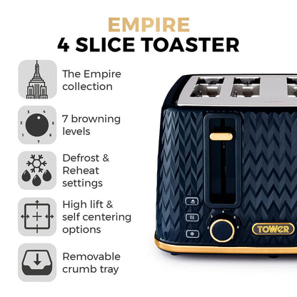 Tower T20061MNB Empire 4-Slice Toaster with Defrost/Reheat, Removable Crumb Trays, 1600W, Midnight Blue and Brass