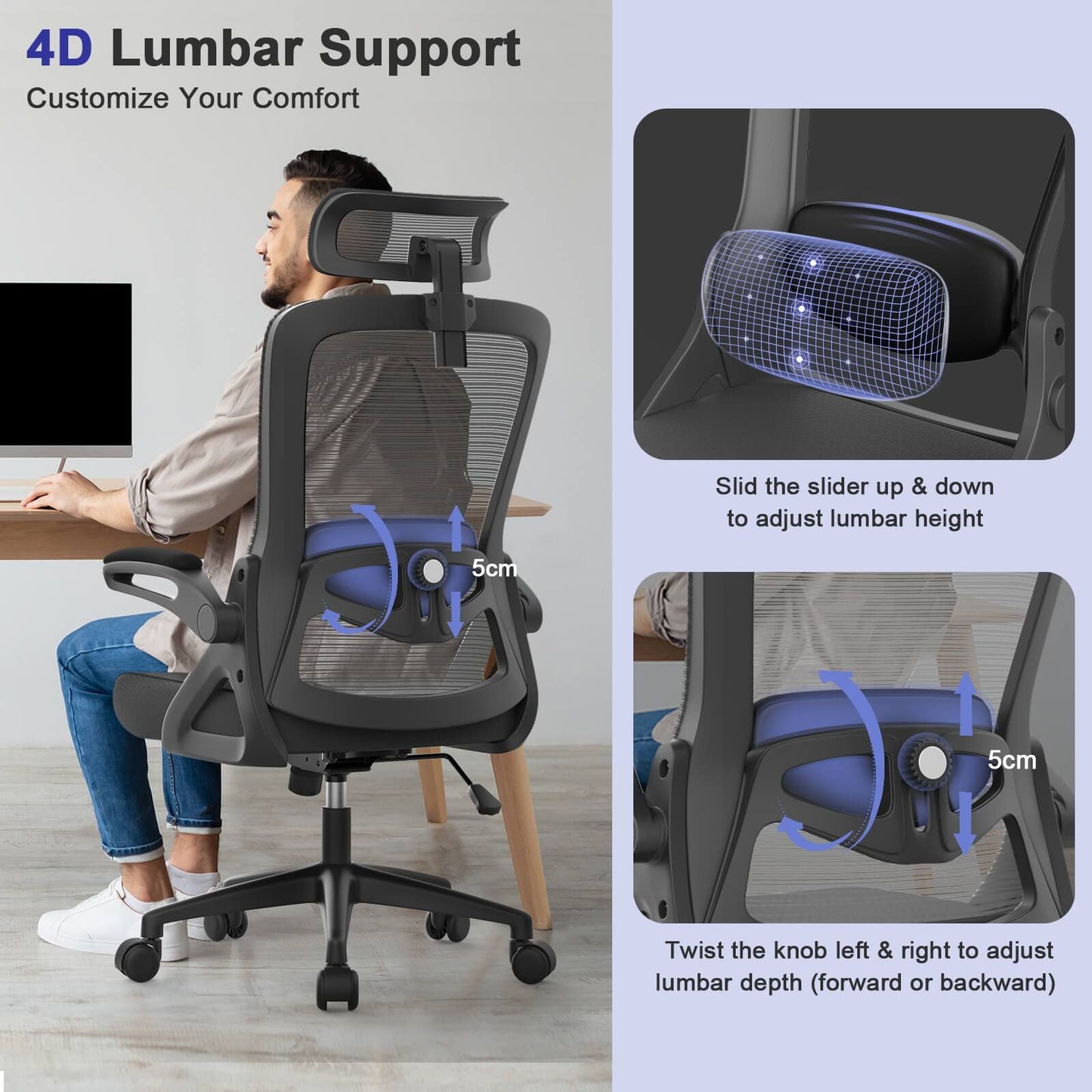 YONISEE Office Chair Ergonomic Office Chair with Lumbar Support, Adjustable Armrests and Headrests, Mesh Chair High Back Comfortable for Home Office