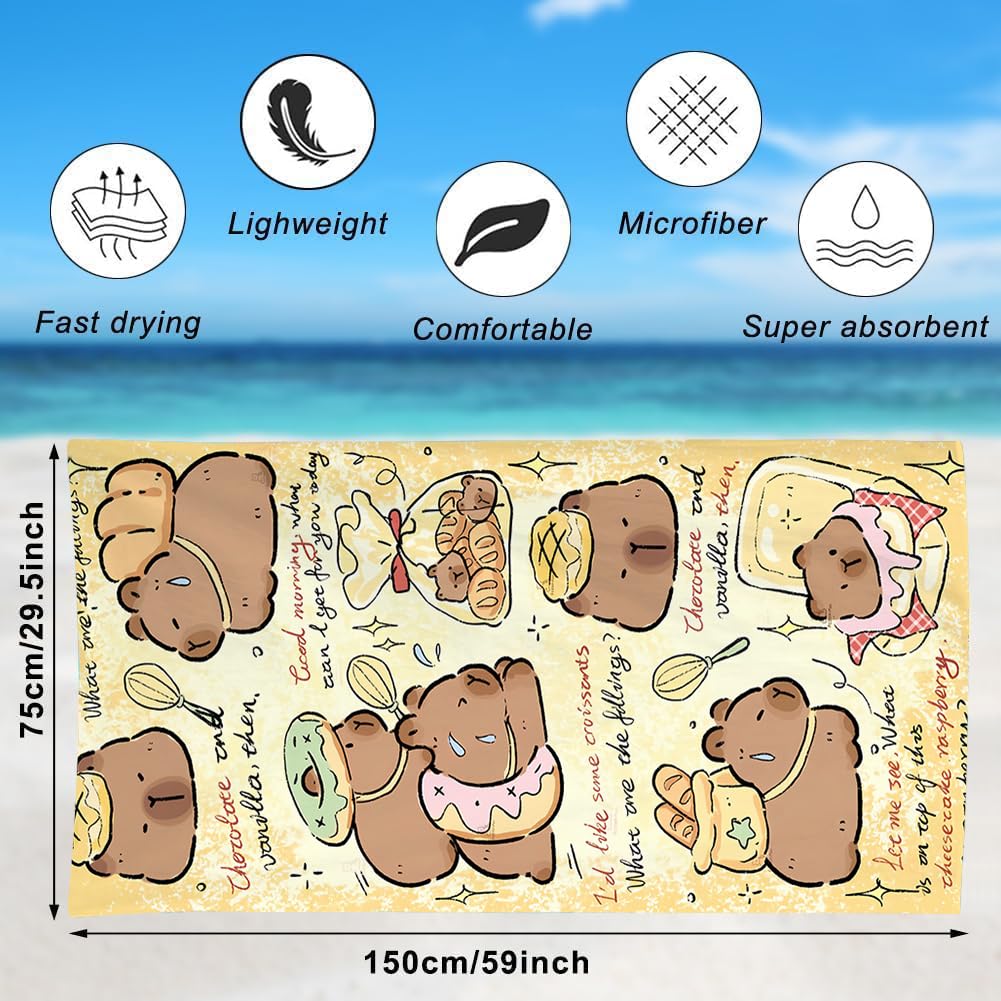 Spiritzohic Capybara Beach Towels, Capybara Bath Towels Swimming Towel Quick Dry Microfibre Towel Sandproof Beachs BathTowels for Travel, Holiday