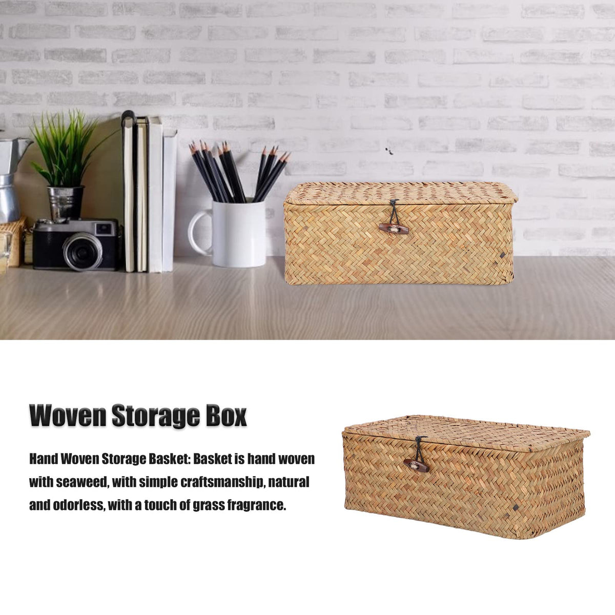 Wicker Storage Bins with Lid, Multipurpose Dustproof Seagrass Basket, Rectangular Household Organizer Box Shelf Wardrobe Organizer (L)
