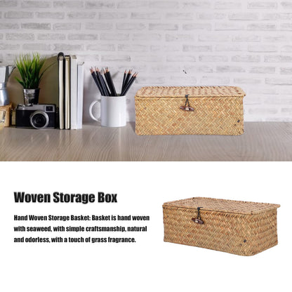Wicker Storage Bins with Lid, Multipurpose Dustproof Seagrass Basket Rectangular Household Organizer Box Shelf Wardrobe Organizer (M)