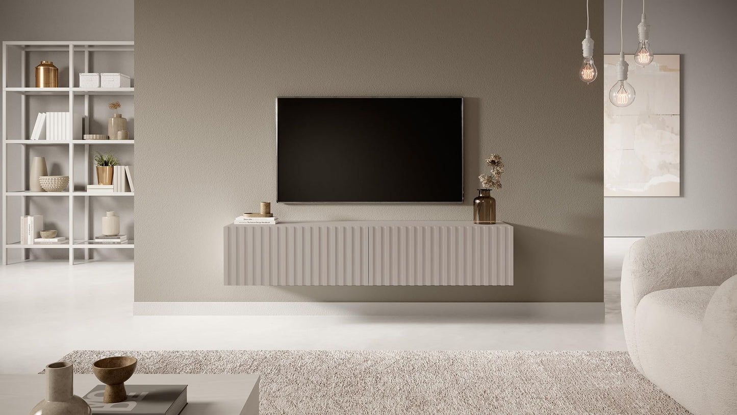 SELSEY Wooden Wall-Mounted TV Cabinet 138.6 x 31.6 x 30 cm for TVs Up to 60'', Taupe Grey Finish with Slatted Front, MDF Body