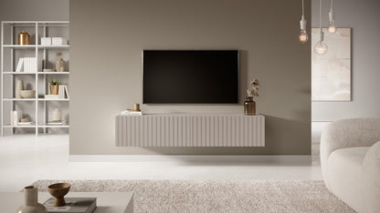 SELSEY Wooden Wall-Mounted TV Cabinet 138.6 x 31.6 x 30 cm for TVs Up to 60'', Taupe Grey Finish with Slatted Front, MDF Body