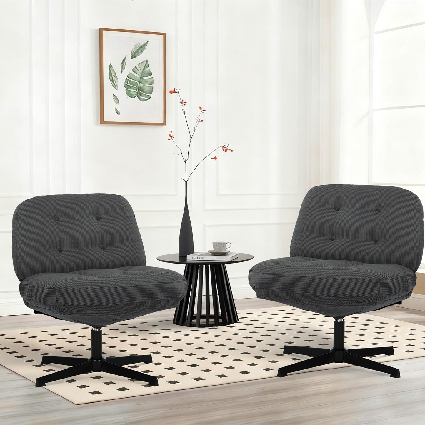 COLAMY Wide Seat Cross Legged Home Office Chair – Thick Padded Corduroy Desk Chair with Metal Base