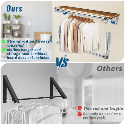 Foldable Wall Mounted Clothes Rack-44'' Long Rod&2 Bases,Stainless Steel, Heavy Duty,Detachable,Multi-Purpose for Space-Saving Garment Rack/Clothes