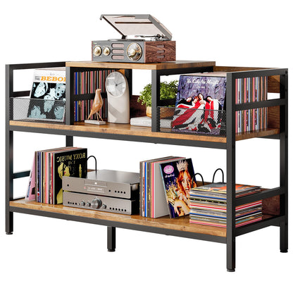 Forthcan Record Player Stand, Vinyl Record Storage with 4 Dividers, Brown