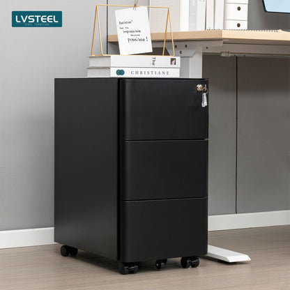 LVSTEEL Lockable 3-Drawer Metal Filing Cabinet on Wheels, Fully Assembled Mobile Office Storage, Filing Cabinets for Home Office, Fits Under Desk