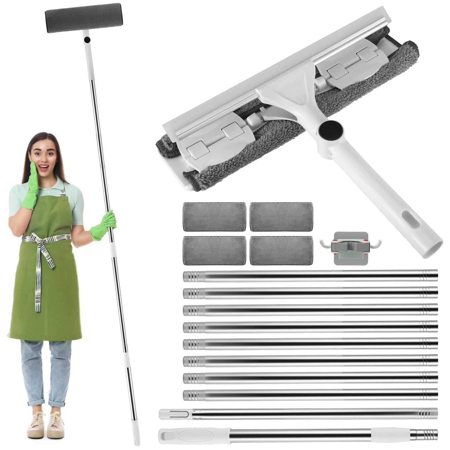3.9M Professional Window Squeegee Cleaner Kit 2 in 1 Extendable Windows Glass Cleaning Tool, 10 Poles 4 Mop Refills, Silver Aluminium Handle,
