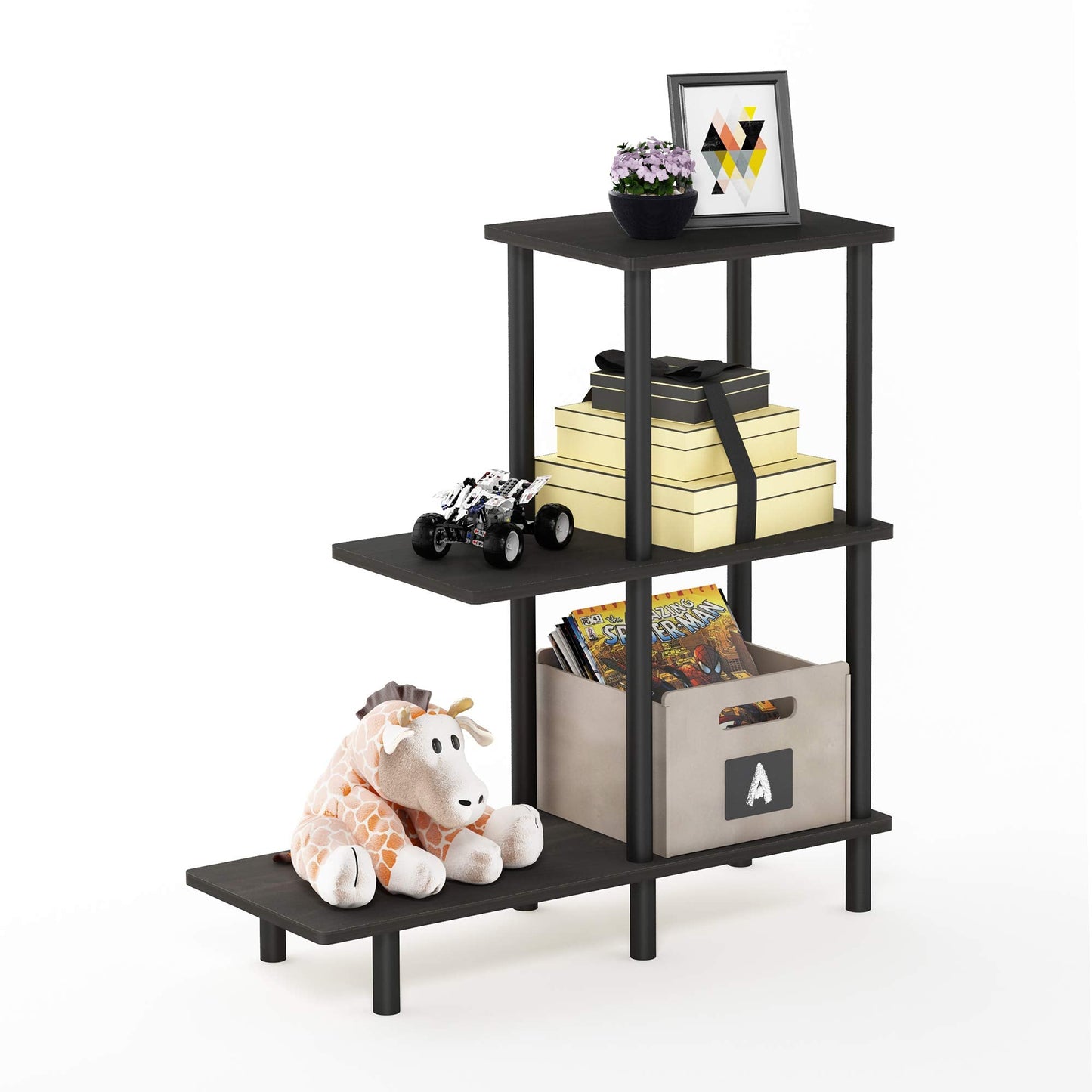 Furinno TURN-N-TUBE Side Table, 3-Tier Tall L-Shape End Table with Open Shelf, Tall Toolless Night Stand, Bedside Table, for Living Room, Bedroom
