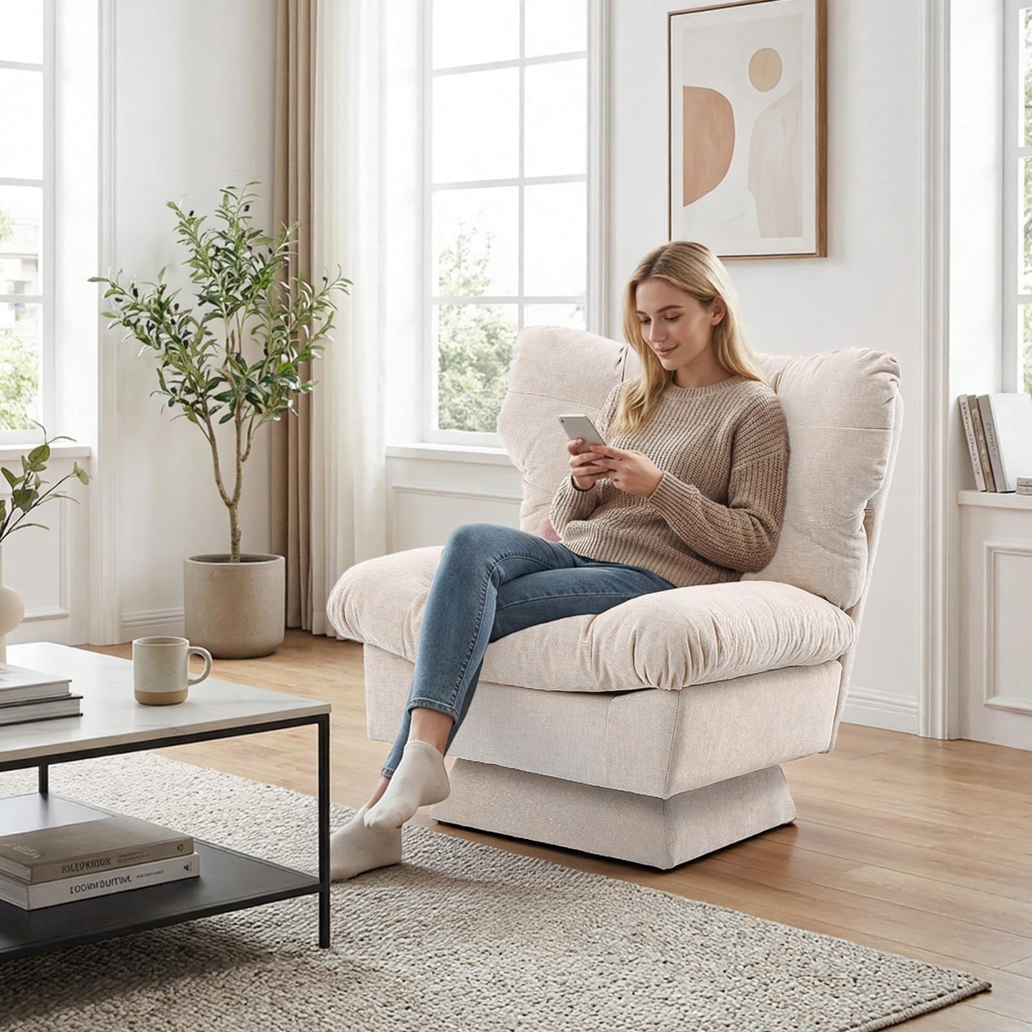 CuteHairy Oversized Swivel Accent Chair – Modern Chenille Cuddle Armchair with Plush Cushion & 360° Rotating Base, 136kg Capacity