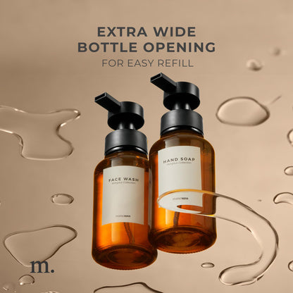 MaisoNovo Glass Foaming Soap Dispenser Set of 2-400 ml Amber Glass Foaming Hand Wash Dispenser Black Pumps x 2, Waterproof Labels