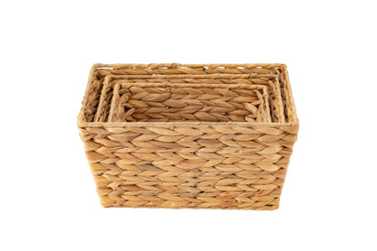 ECHTWERK Set of 3 Water Hyacinth Storage Baskets, Rectangular, Natural, Woven Baskets in S/M/L, Stackable for Bathroom, Office & Living Room