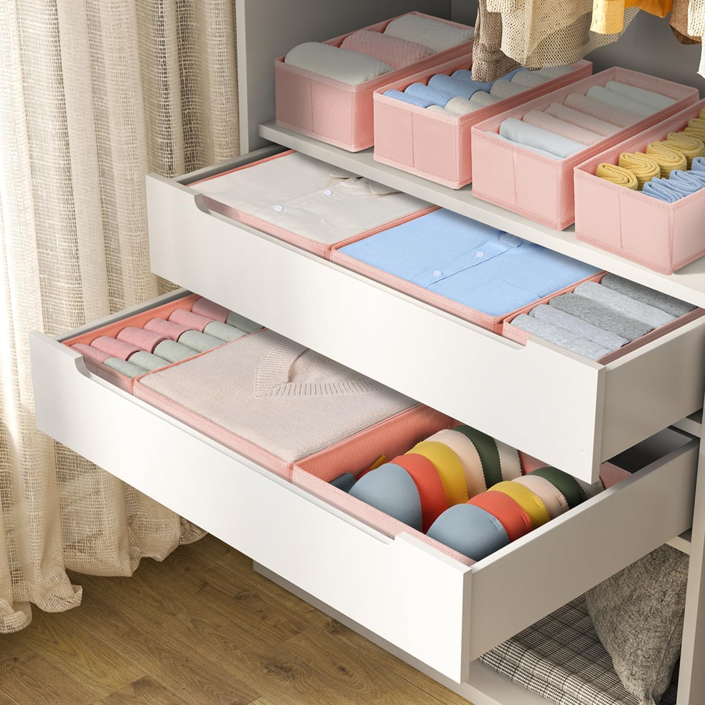 Homsorout 12 Pack Drawer Organiser Foldable Box - Fabric Drawer Dividers Wardrobe Clothes Organising for Bras, Socks, Underwear and Bedroom (Pink)