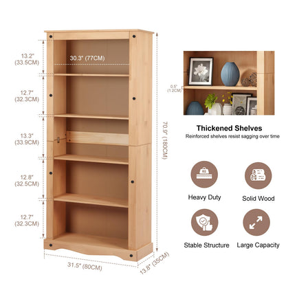 Panana Corona 5 Tier Bookcase, Solid Pine Wood Storage Display Unit Bookshelf Organiser Cabinet Shelf Shelves Rack Unit 80 x 35 x 180 cm