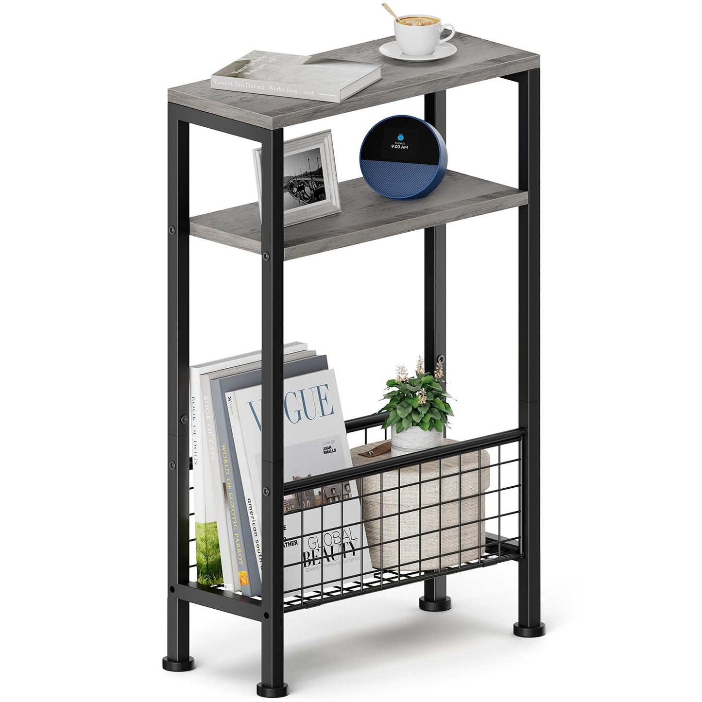 Yuede Narrow Side Table with Magazine Rack, 3-tier Slim Bedside Table, Small End Table for Living Room, Bedroom, MDF & Metal Frame (Gray)