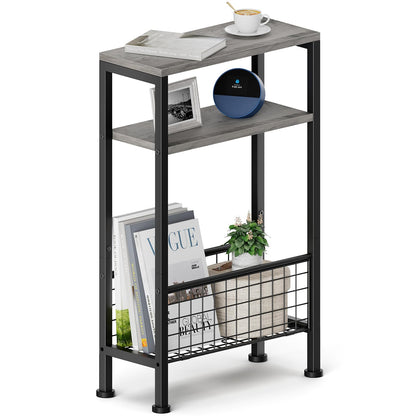 Yuede Narrow Side Table with Magazine Rack, 3-tier Slim Bedside Table, Small End Table for Living Room, Bedroom, MDF & Metal Frame (Gray)