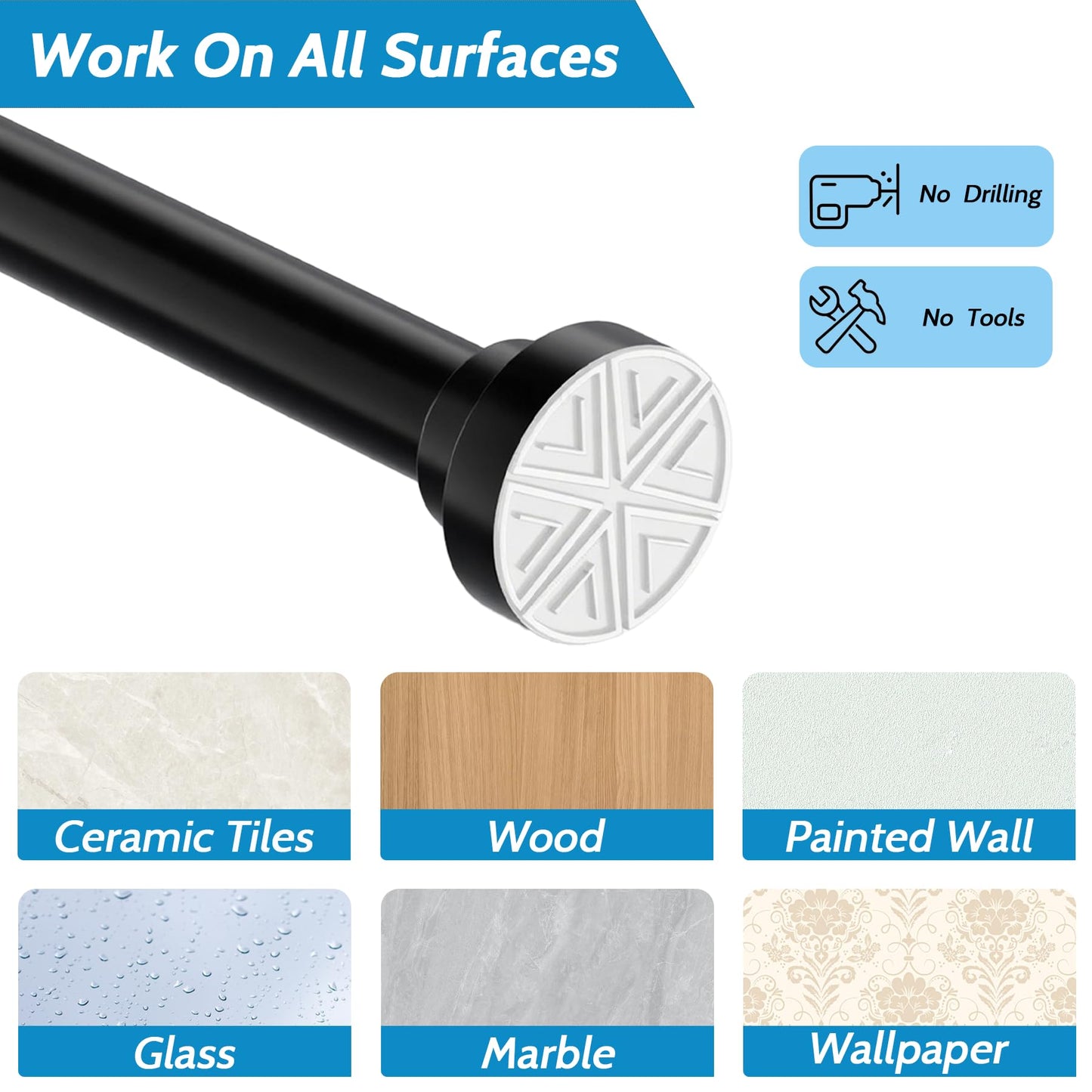 Curtain Poles No Drilling Tension Curtain Rods Extendable Shower Curtain Pole Heavy Duty Tension Rod Shower Pole for Bathroom, Window, Door