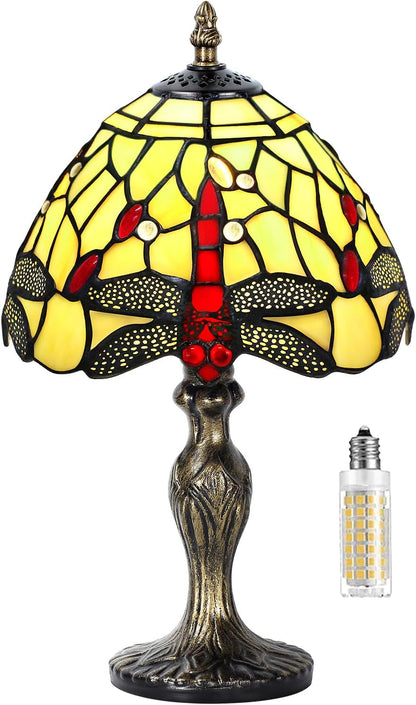 MIAOKE Table Lamp Stained Glass Crystal Bead Style Table Light, Handmade Desk Bedside Table Night Lamp Antique Art Craft Gifts Lover Kid Living Room Bedroom Study Bookcase Desk Light(Light-W Dragonfly)