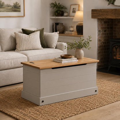 Mews Corona Grey Storage Chest Ottoman Solid Pine Wood Mexican Toy Chest Bedding Blanket Box