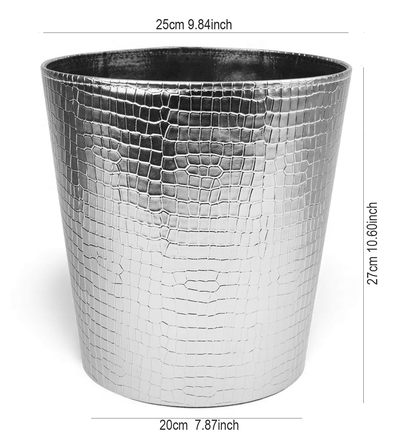 Emartbuy Luxury Croc Texture Faux Leather Dustbin Stylish Waste Bin- Silver