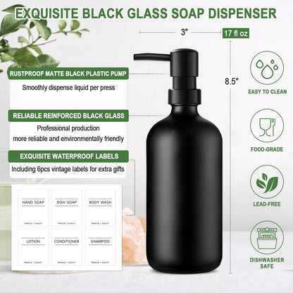 Washing Up Liquid Dispenser,17 fl oz Black Glass Soap Dispensers, Kitchen Soap Dispenser Set