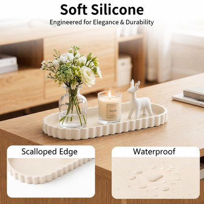 Silicone Bathroom Vanity Tray - 30.5 x 13.5 cm Oval Decorative Tray for Bathroom Kitchen Countertop, Trinket Trays with Scalloped Edge