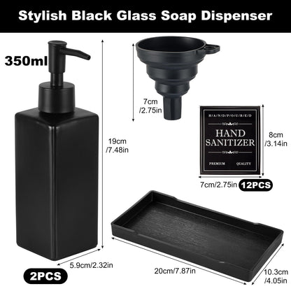 MirraSwit Black Glass Soap Dispenser with Tray, 350ML Square