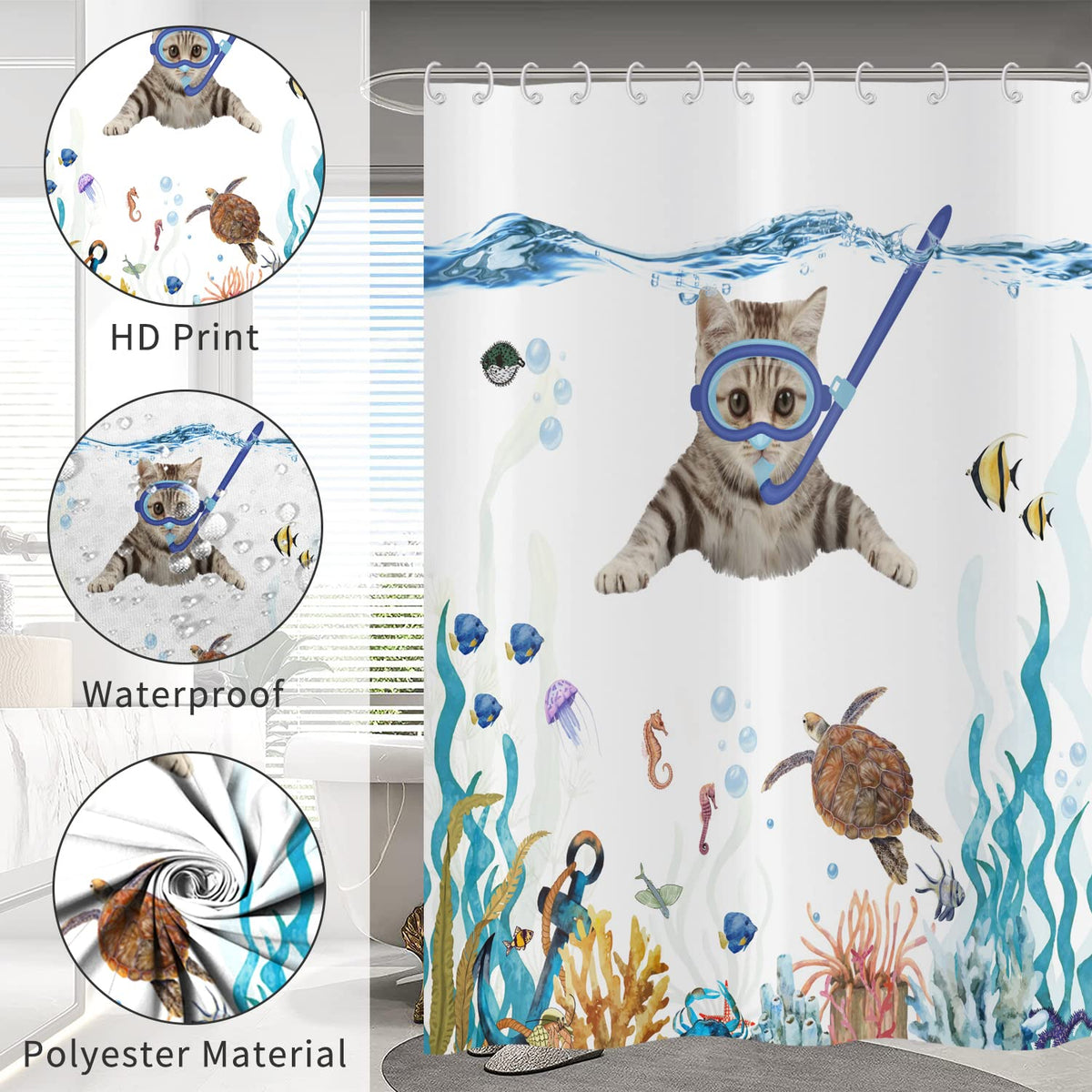 Hnmdmyi Funny Cat Shower Curtain 180x200, Cute Kitten Swimming in Teal Blue Ocean Bathroom Curtains Sea Turtle Tropical Fish Jellyfish Starfish Coral