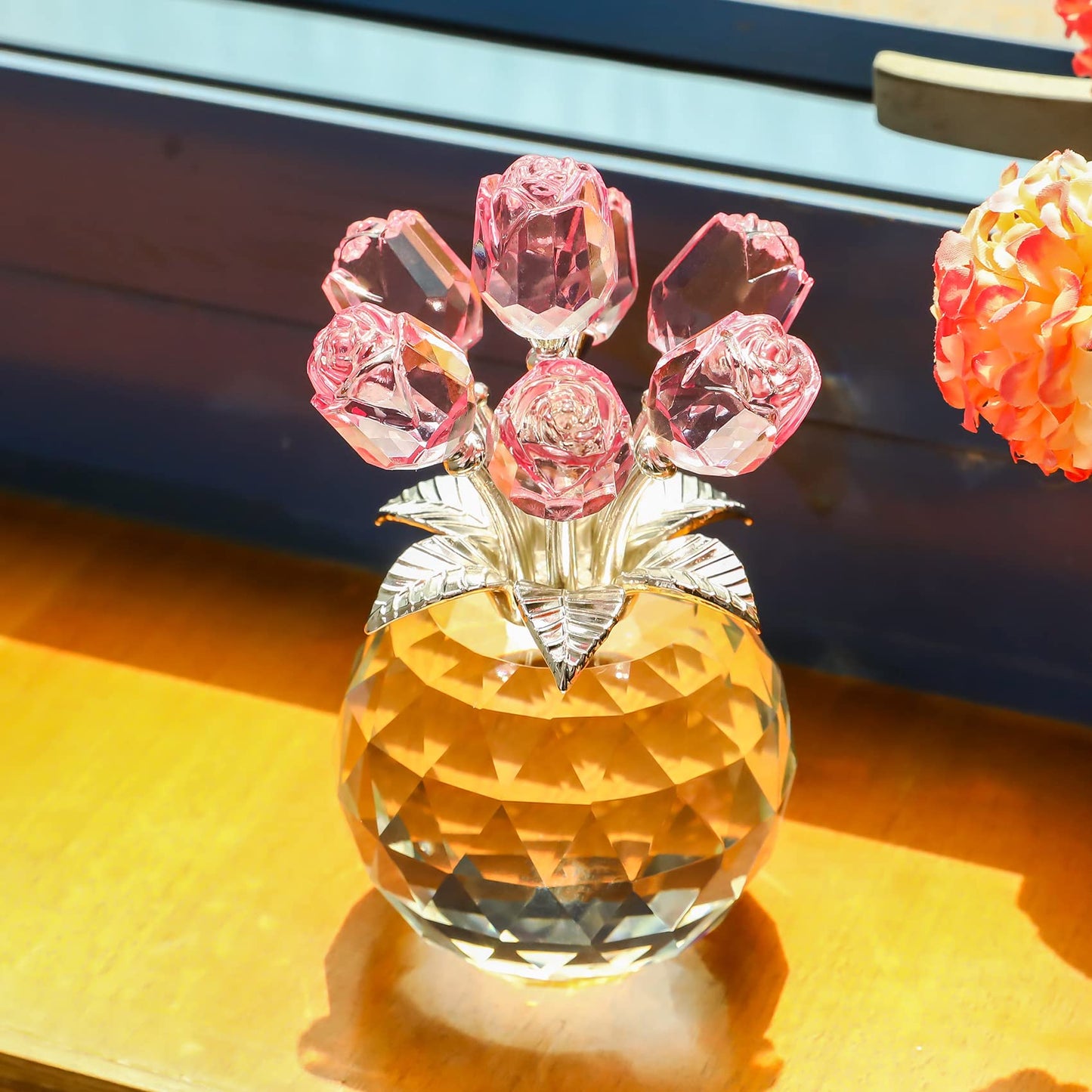 Crystal Pink Rose Bouquet Flower Figurine with Round Vase, Romantic Rose Gifts for Women Her on Valentine's Day Mother's Day Christmas, Rose