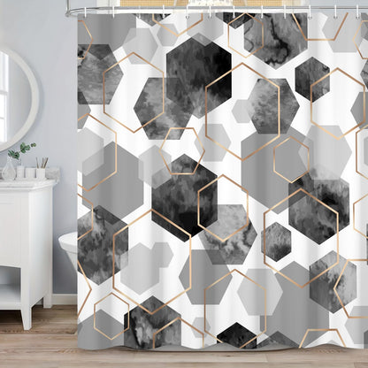 ASDCXZ Gray Duschvorhang 180x200 cm, Modern Abstract Art Geometric Gray Gold Hexagon Pattern Waterproof Bath Curtain Polyester Textile Washable