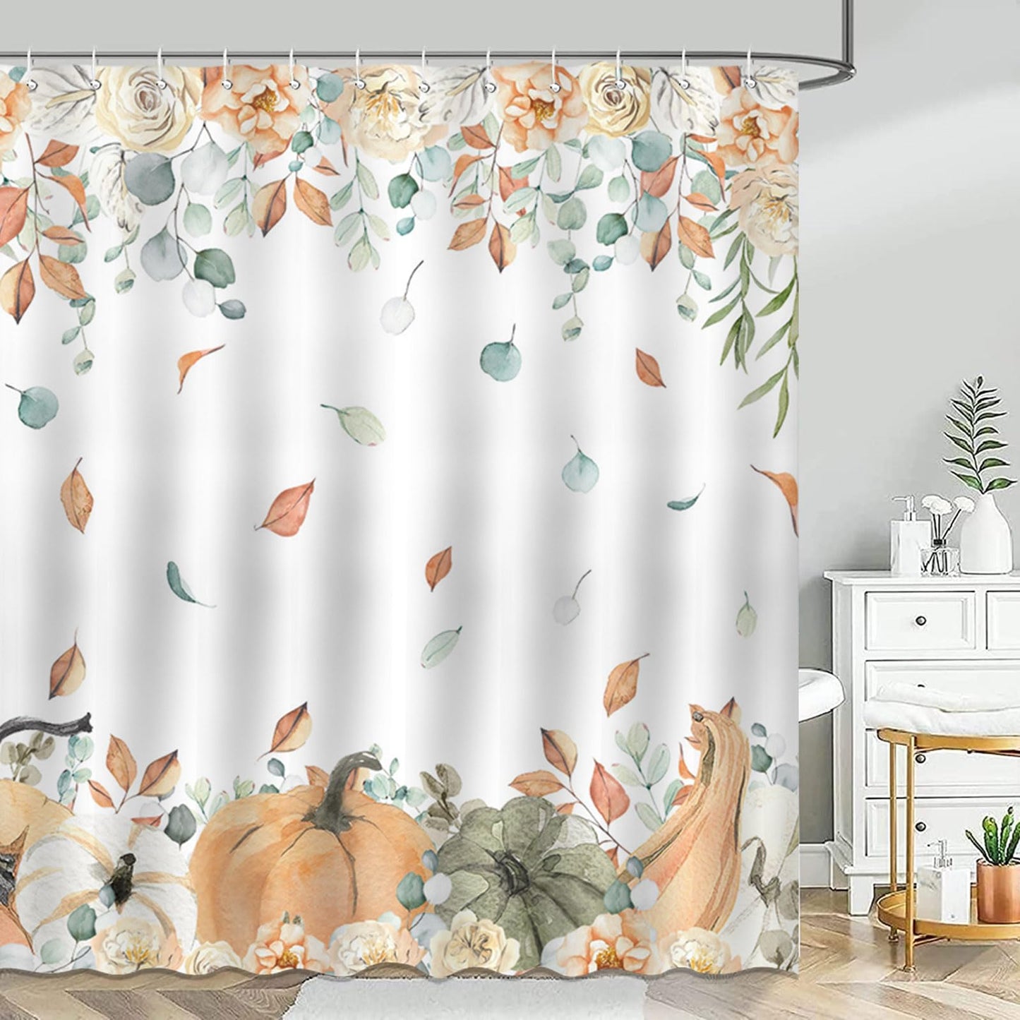 Avezano Autumn Pumpkin Curtain Fall Leaves Harvest Thanksgiving Pumpkin Bathroom Shower Curtain Waterproof Bathtub Curtain Decor with 12 Hooks 72 X