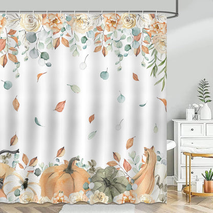 Avezano Autumn Pumpkin Curtain Fall Leaves Harvest Thanksgiving Pumpkin Bathroom Shower Curtain Waterproof Bathtub Curtain Decor with 12 Hooks 72 X