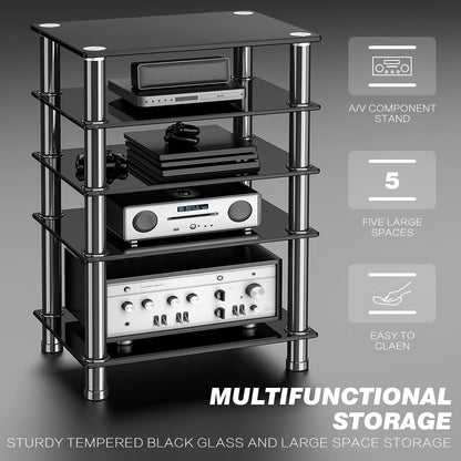 RFIVER HiFi Racks and Stands Audio Rack Cabinet AV Shelf TV Table Stand 5 Tiers Tempered Glass Shelves for Turntable Record Player DVD Stand Audio