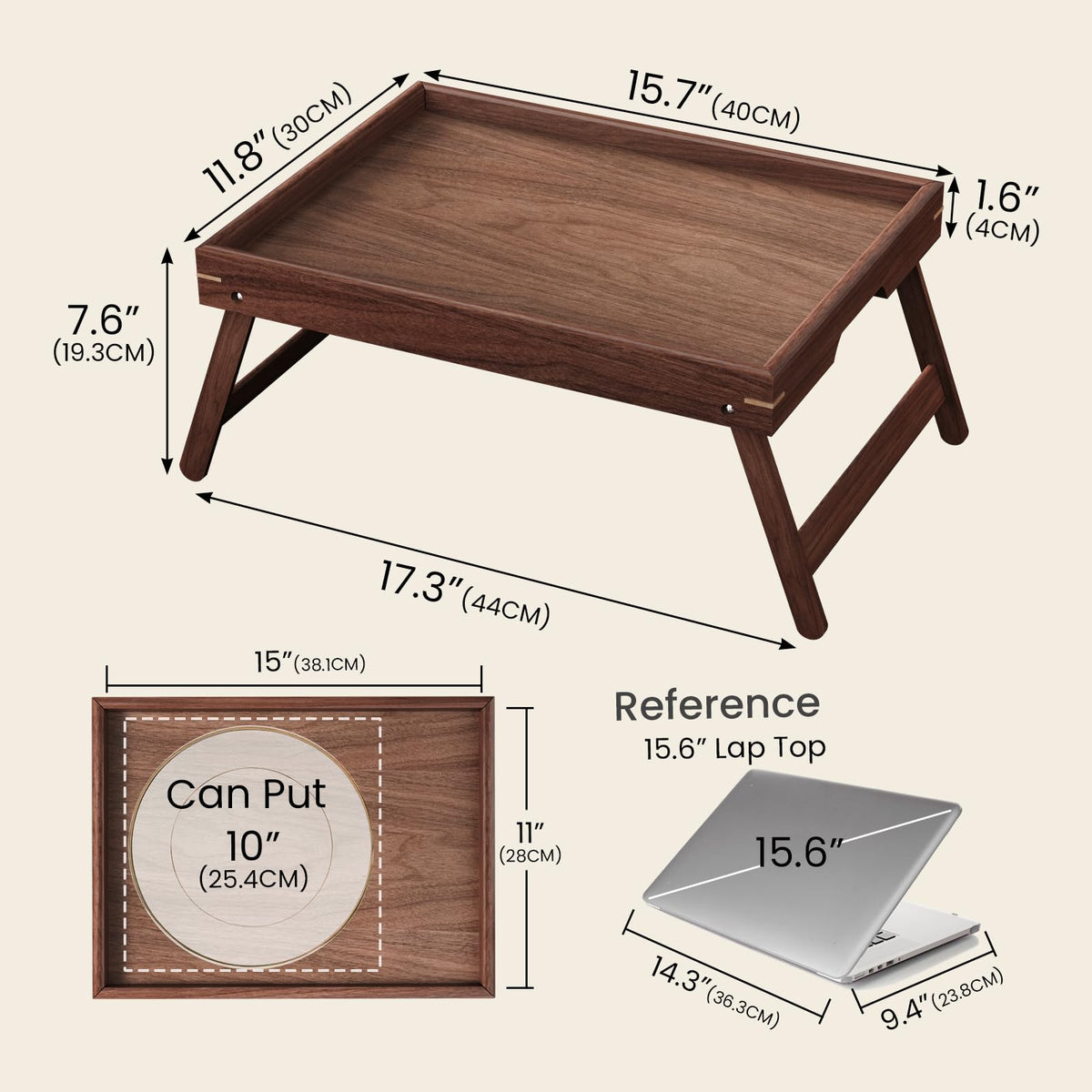 Fibogollo Walnut Wood Bed Tray Table with Folding Legs,Breakfast Trays,Serving Tray for Food and Snack,Laptop Trays for Working