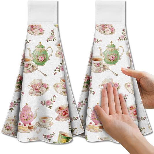 CUTHOLLOW Retro Teacup Tea Towels for Kitchen with Loop, Set of 2 - Soft & Super Absorbent Microfiber Decorative Hanging Dish & Hand Towel, Tea,