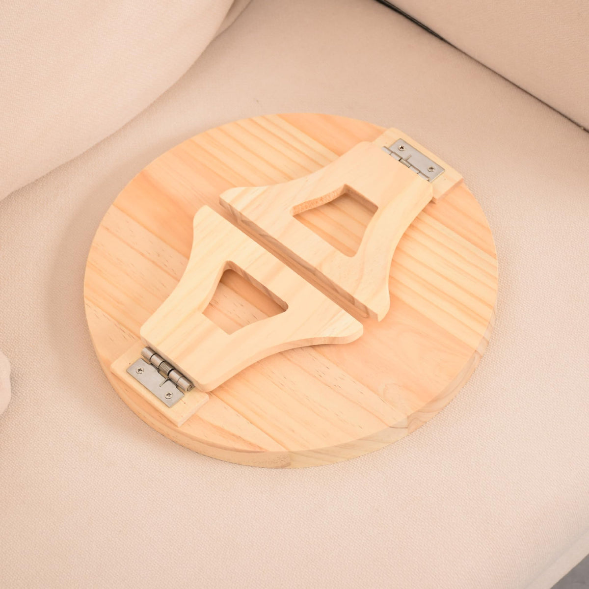Uwenkjie Natural Pine Sofa Armrest Tray, 25cm Circular Wood Foldable Side Table with Clip, Portable Waterproof Arm Tray for Remote Control, Drink