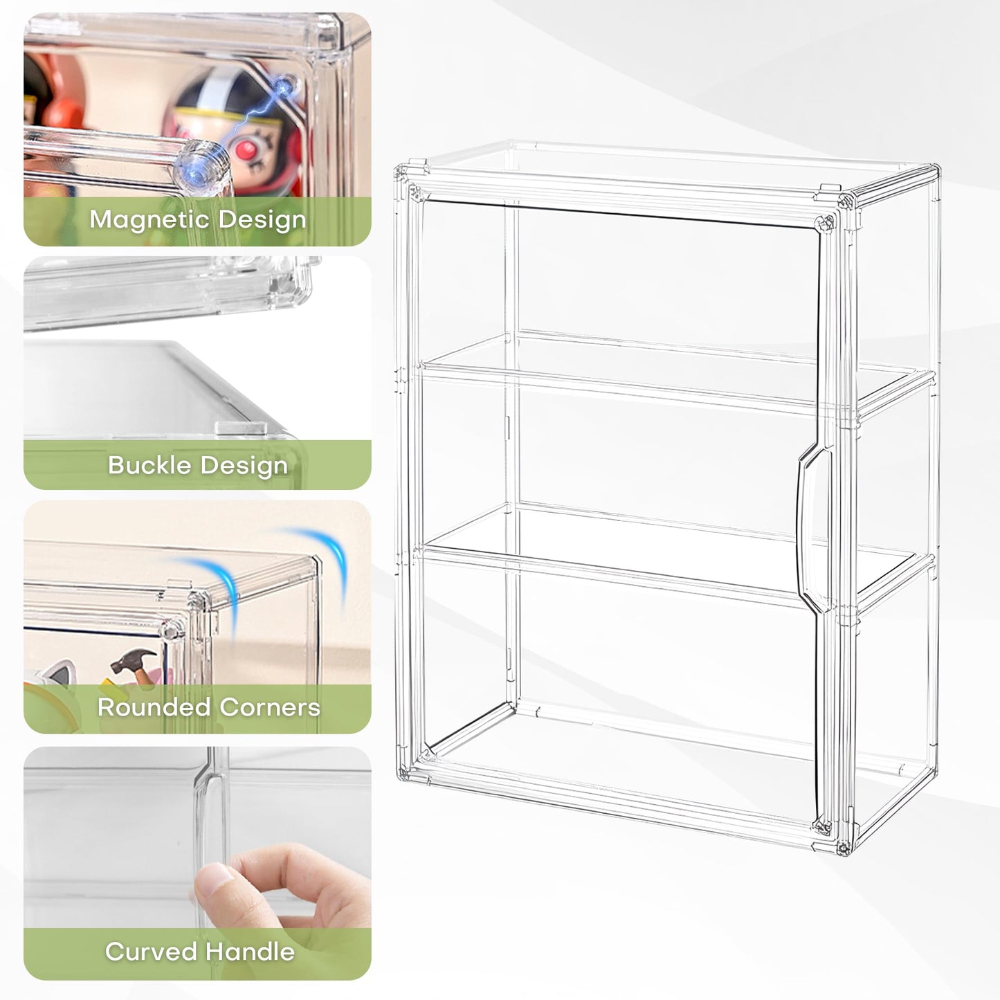 Umisu 3 Tiers Acrylic Display Case with Magnetic Door, Clear Dustproof Storage Box for Collectibles, Blind Box, Model, Figurines