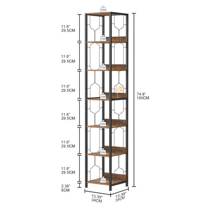Trironsun 6-Tier Corner Bookshelf Tall Narrow Bookcase Open Storage Rack Skinny Book Shelf Industrial Display Stand Rustic Square Shelf Tower for