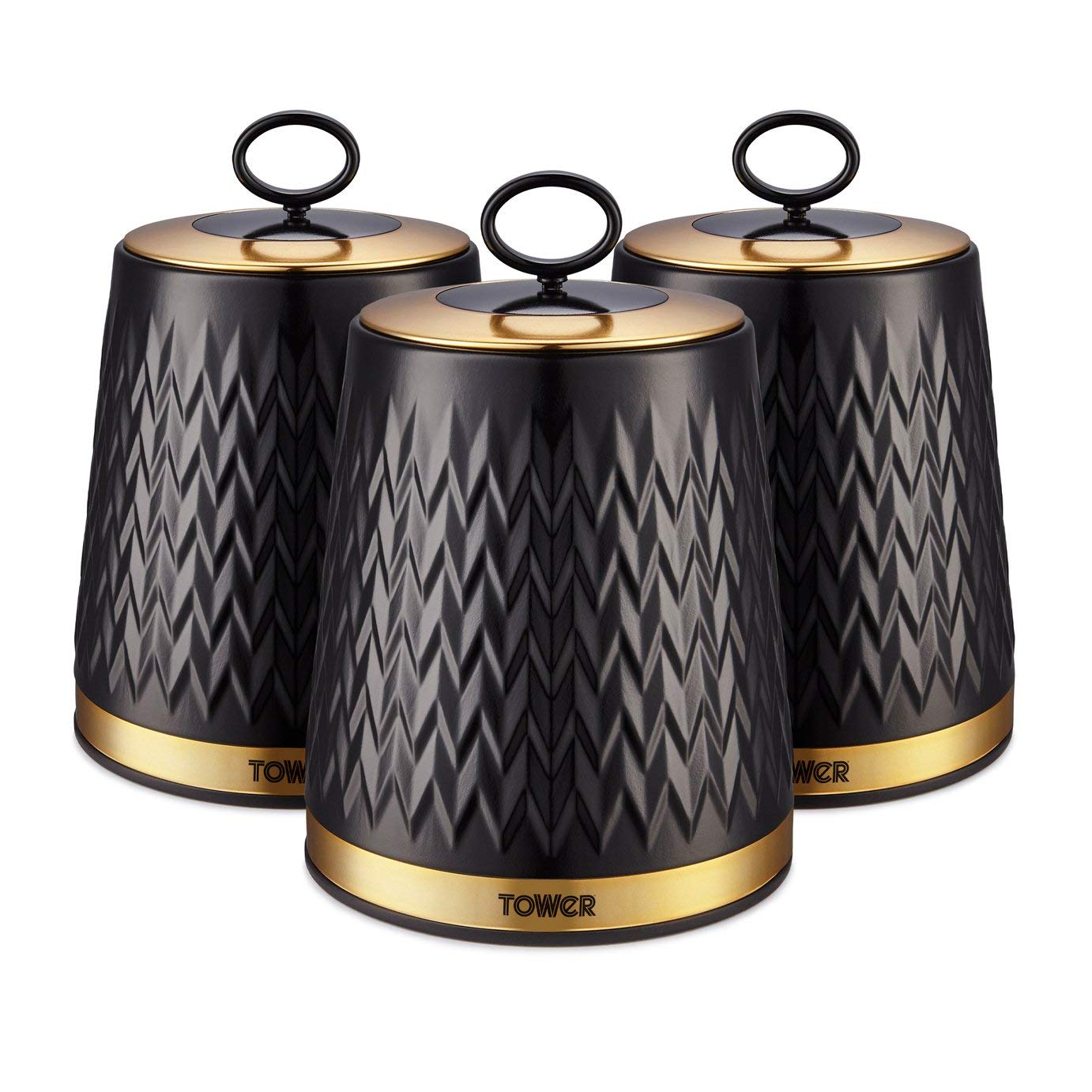 Tower T826091BLK Empire Set of 3 Storage Canisters for Tea Coffee Sugar, 1.3L, Black and Brass